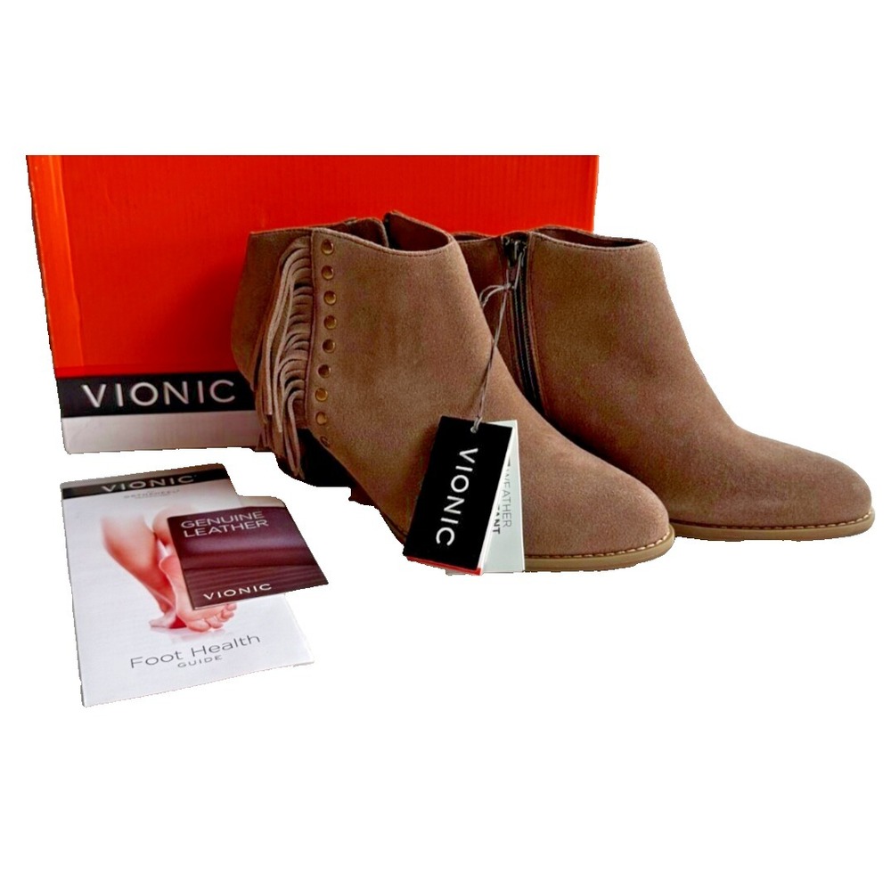 Vionic Faros Tan Suede Fringe Stud Ankle Booties 9.5 NEW Boho Western Cowgirl